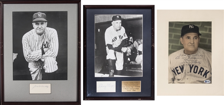 Lot of (3) Joe  McCarthy & Casey Stengel Signed Cuts and Photos Including 2 In Framed Displays (Beckett)